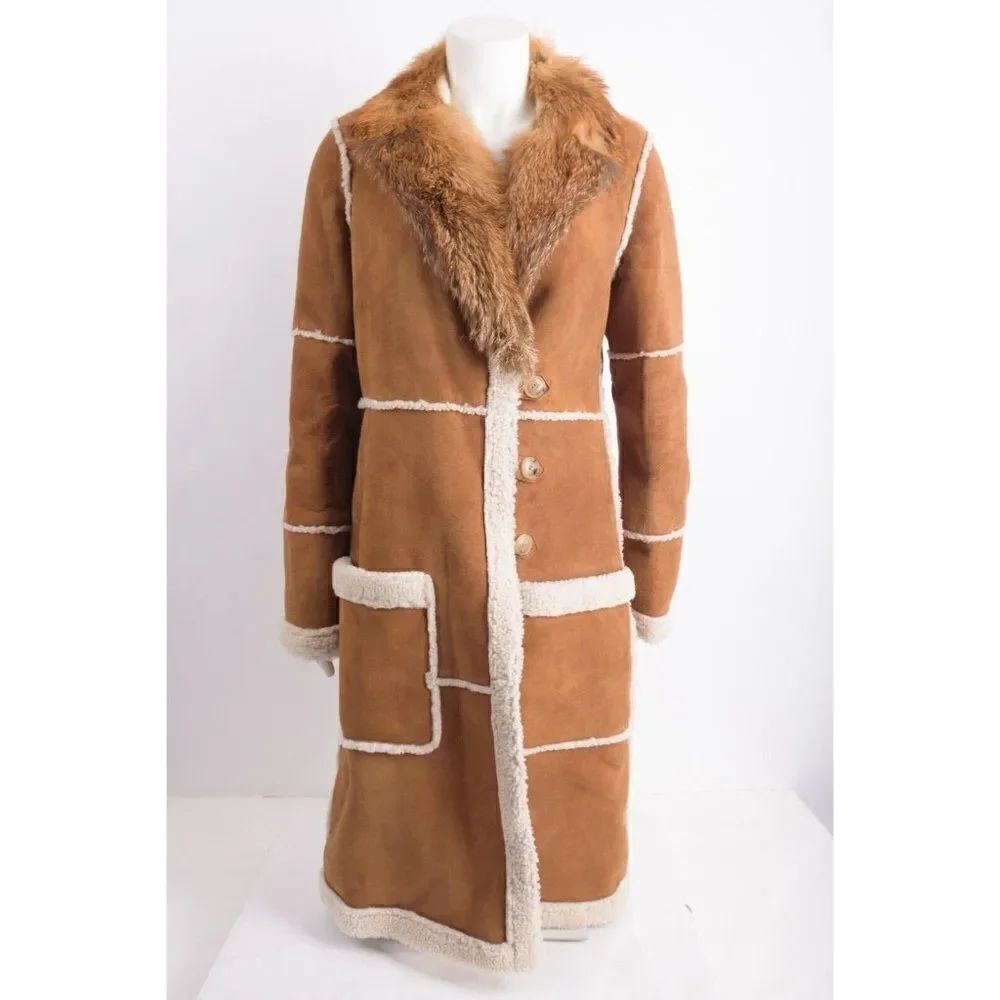 A.L.C. Womens Lamb Shearling Long Coat Size M Brown Suede Fur Collar NWT